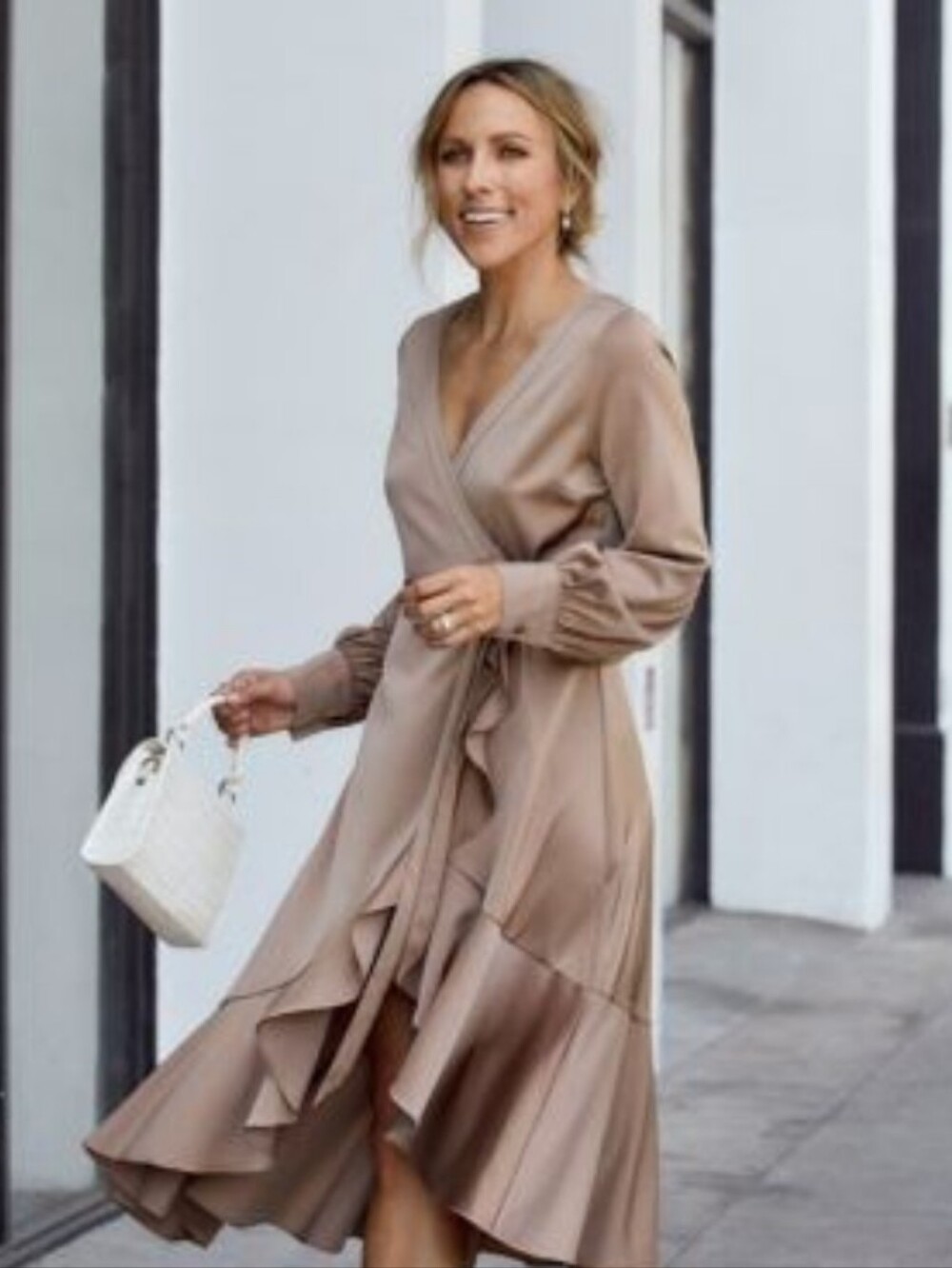 AMYLYNN wrap ruffled midi dress minimalist quiteluxe color cream small size